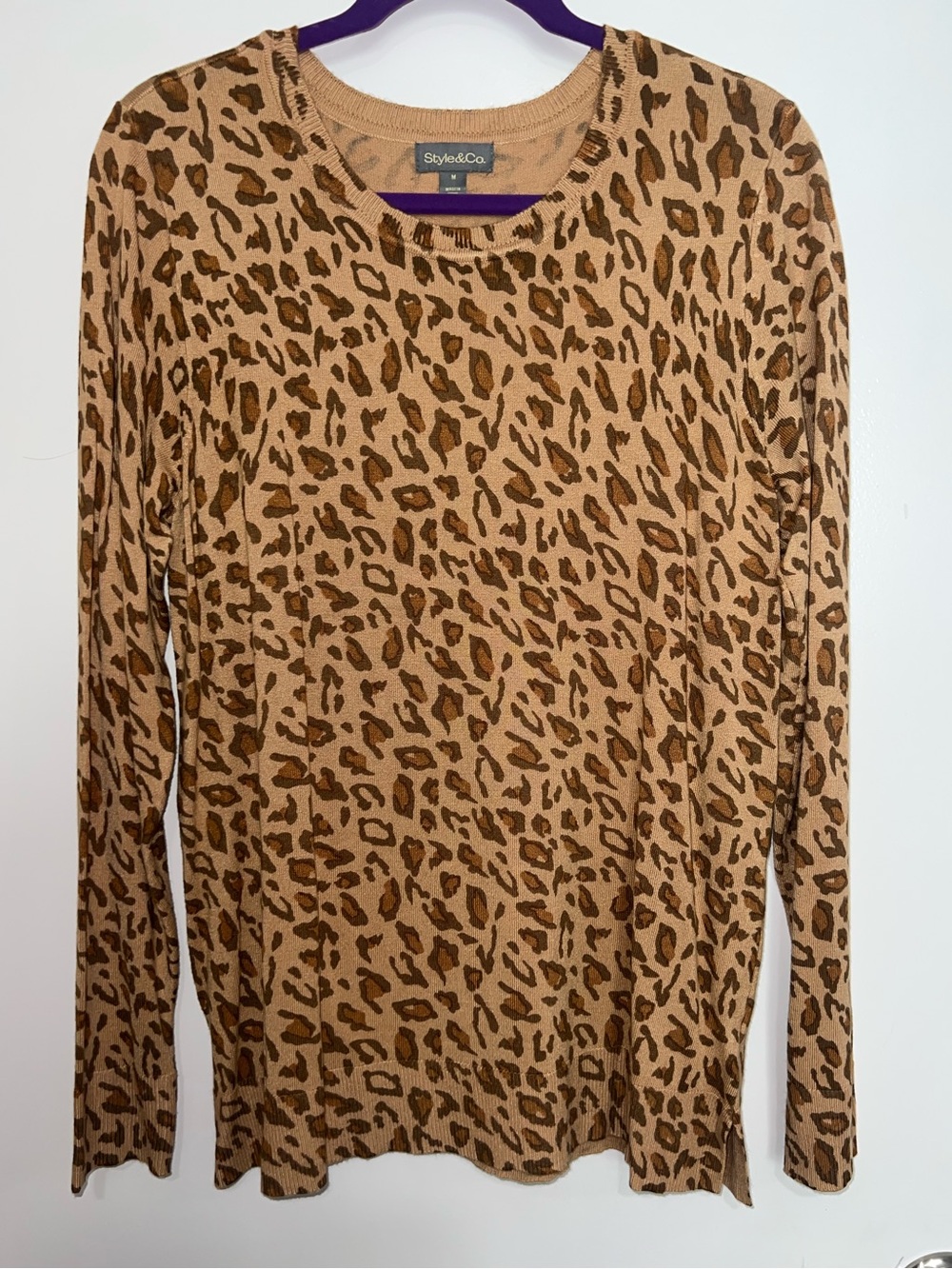 Style & Co. Women's Tan Leopard Print Long Sleeve Knit Top